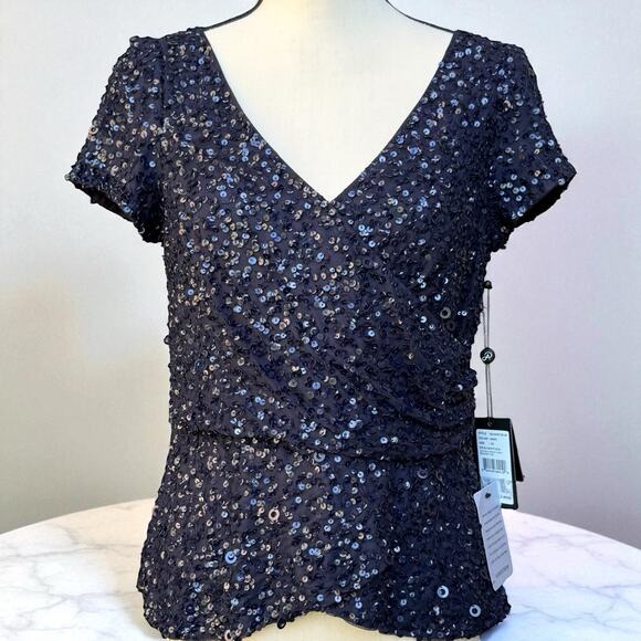 NWT Adrianna Papell Womens Sequin Bead Top Cap Sleeve Wrap Front Formal Navy 10 - Picture 1 of 13
